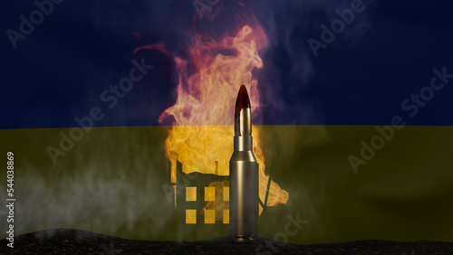 House on fire in a war. Bullet standing in front.