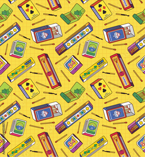 Pattern with different styles of matchboxes and matchbooks.