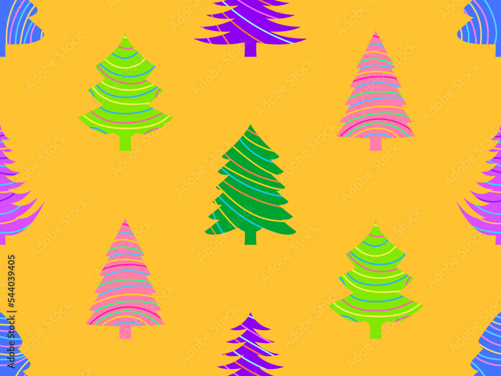 Obraz premium Christmas trees with striped pattern seamless pattern. Merry Christmas and Happy New Year. Christmas trees on an orange background. Festive design for wallpapers and banners. Vector illustration