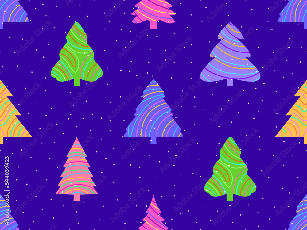 Obraz premium Christmas seamless pattern with fir trees and falling snow. Merry Christmas and Happy New Year. Christmas trees with a striped pattern. Festive design for wallpapers and banners. Vector illustration