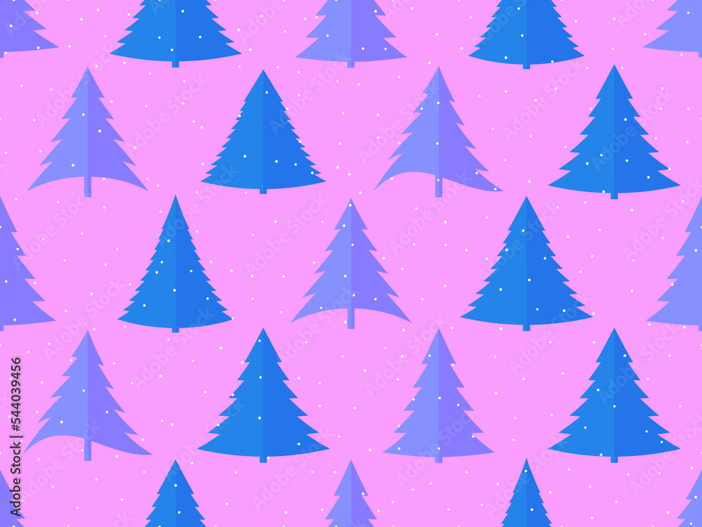 Seamless pattern with Christmas trees in a flat style. Blue Christmas trees on a purple background. Falling snowflakes. Festive design for wallpapers and banners. Vector illustration Seamless pattern with Christmas trees in a flat style. Blue Christmas trees on a purple background. Falling snowflakes. Festive design for wallpapers and banners. Vector illustration