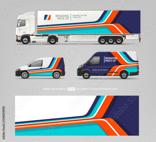Company Car, Van, truck trailer mockup with abstract stripes design for branding and corporate identity. Abstract graphics for business flyer background. Racing decal livery. Branding vehicle

