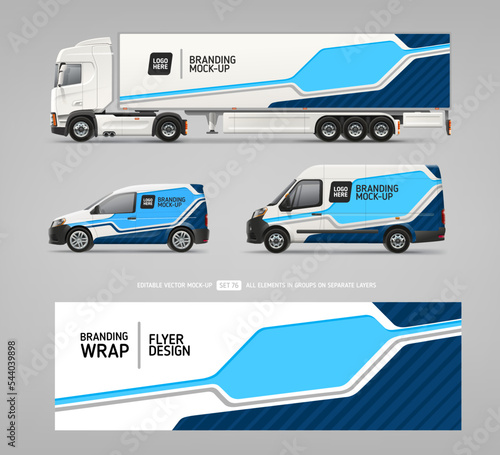 Side view Van, truck trailer mockup with abstract geometric designs for branding and corporate identity. Abstract graphics for business flyer background.. Company cars advertising. Branding vehicle
