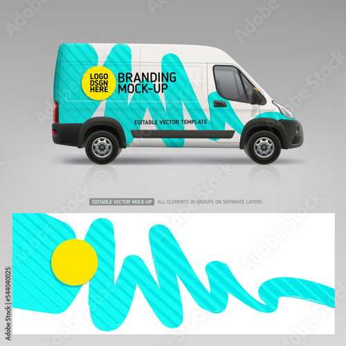 Branding Van mockup and wrap decal design and corporate identity company.  Abstract graphics design for Wrap decal services van and Company Car. Branding vehicle