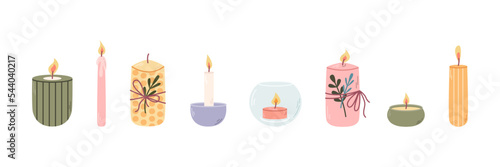 Set of different decorative scented candles in candlesticks for relaxation and spa. Vector flat illustration