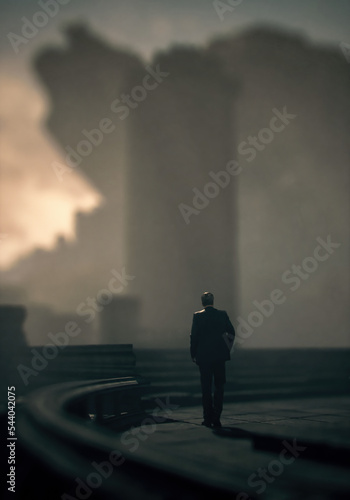 Man in suit walks at an ancient misty ruin. 3D render.