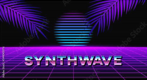 Synthwave landscape skyline with neon light grid, sun and palm tree leafs. Sci-fi, futuristic illustration. Retrowave and vaporwave 80's