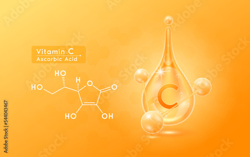 Serum skincare transparent water drops vitamin C orange and structure. Moisturizer collagen with molecule glittering and bubbles hyaluronic acid. For ad for beauty cosmetics. Realistic 3d vector.