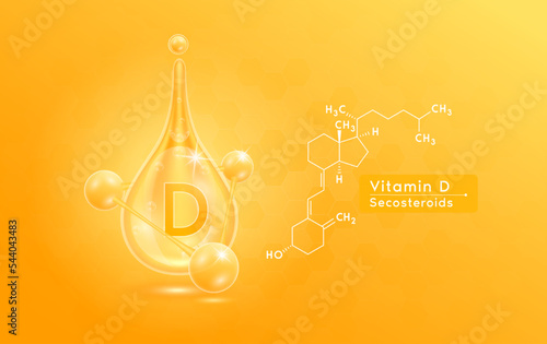 Serum skincare transparent water drops vitamin D orange and structure. Moisturizer collagen with molecule glittering and bubbles hyaluronic acid. For ad for beauty cosmetics. Realistic 3d vector.
