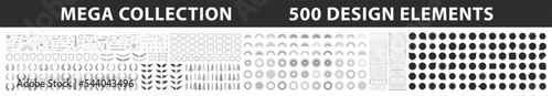 Set of 500 design elements. Wreath, frames, calligraphic, swirls divider, laurel leaves, ornate, award, arrows. Decorative vintage line elements collection. Vector illustration.