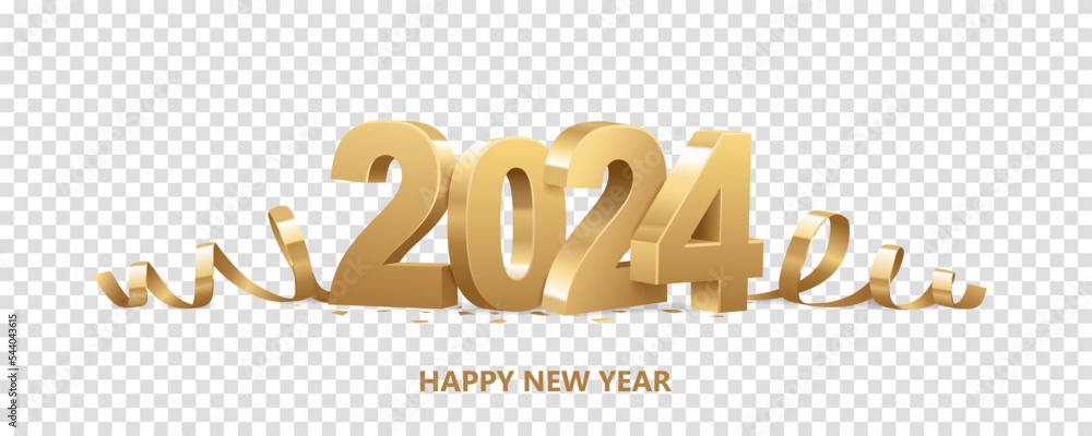 Vecteur Stock Happy New Year 2024. Golden 3D numbers with ribbons and  confetti , isolated on transparent background.