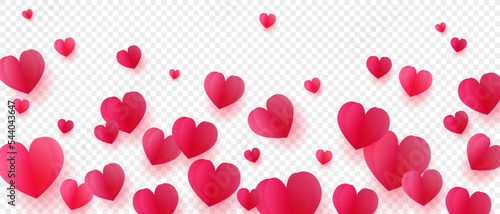 Many falling abstract hearts with shadows on transparent background