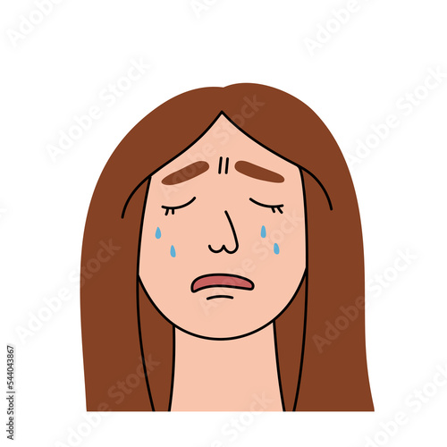 Sad woman cries with pain and grief. Sobbing girl flat character sheds tears, expresses the emotions of misfortune and despair . Isolated. Vector illustration.