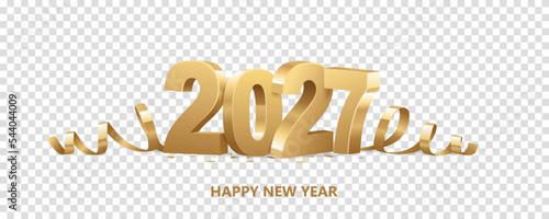 Happy New Year 2027. Golden 3D numbers with ribbons and confetti, isolated on transparent background.