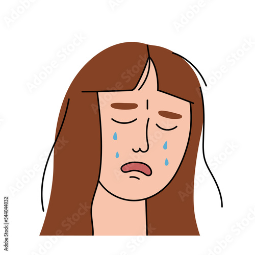 Sad woman cries with pain and grief. Sobbing girl flat character sheds tears, expresses the emotions of misfortune and despair . Isolated. Vector illustration.