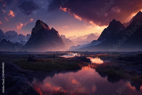 Breathtaking nature mountain landscape, 3d illustration