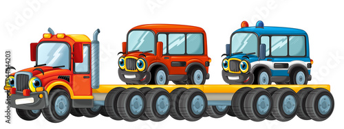 funny cartoon tow truck driver with cars trucks © honeyflavour