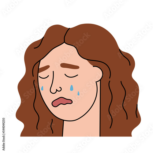 Sad woman cries with pain and grief. Sobbing girl flat character sheds tears, expresses the emotions of misfortune and despair . Isolated. Vector illustration.