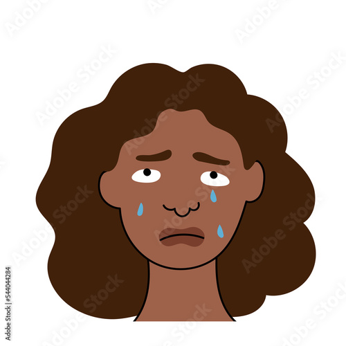 Sad afro american woman cries with pain and grief. Sobbing girl flat character sheds tears, expresses the emotions of misfortune and despair . Isolated. Vector illustration.