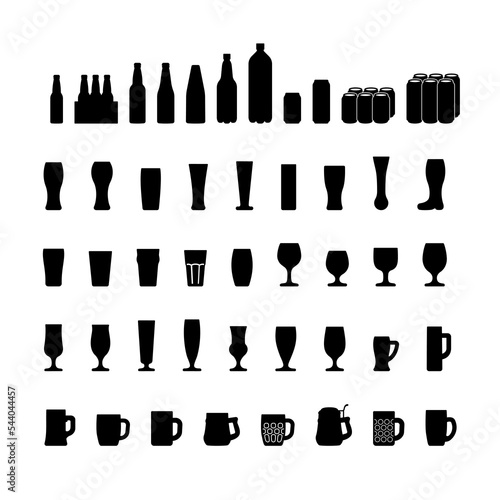 Beer bottles and glasses icons set  black silhouette isolated PNG