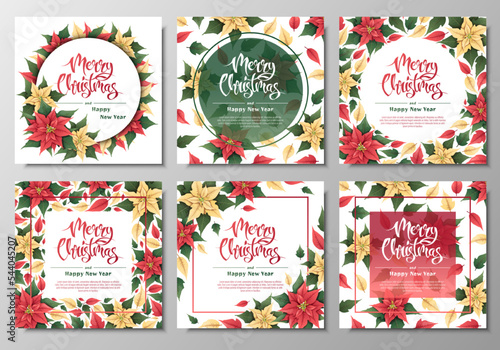 Postcard set with red and yellow poinsettia. Christmas and New Year background. Winter plants for decorating invitations, banners, flyers, etc.