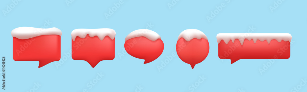 © alex83m - 3D Speech bubble, red colored winter icons, covered with snow caps, isolated on blue background. 3D chat icon set.