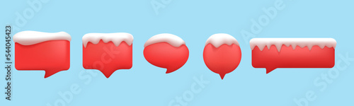 3D Speech bubble, red colored winter icons, covered with snow caps, isolated on blue background. 3D chat icon set.