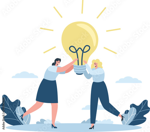 Flat vector illustration. Two girls holding a light bulb together. The concept of a joint idea. Woman's idea.