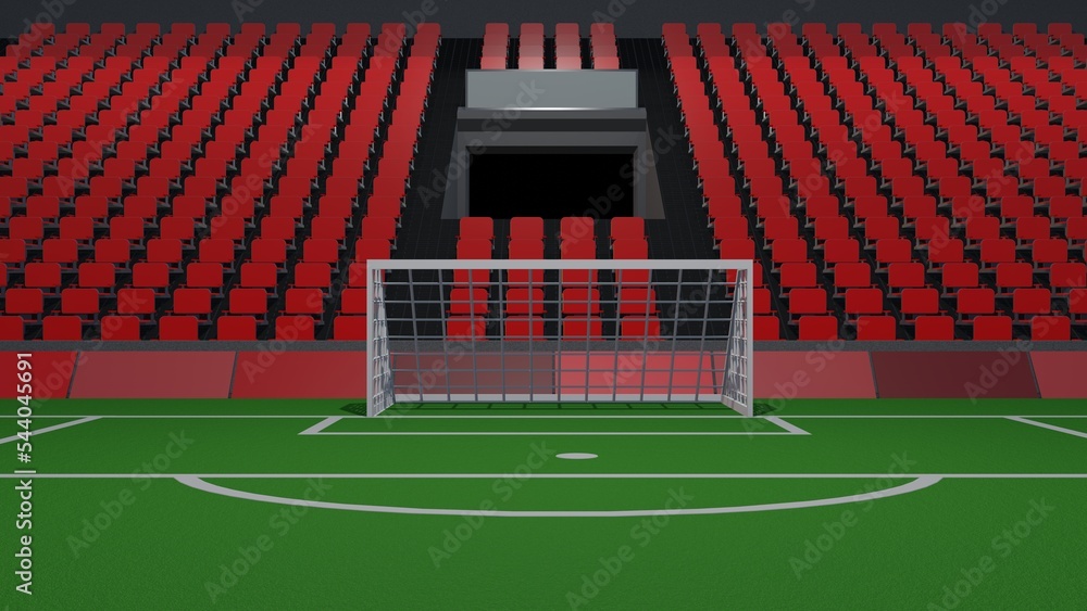 Top view of the empty football field, Soccer gates. 3d render