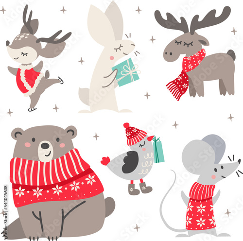 Vector set of Christmas characters. Animals in winter clothes. Cute mouse, bear, deer, moose, hare, sparrow. New Year tree with gifts