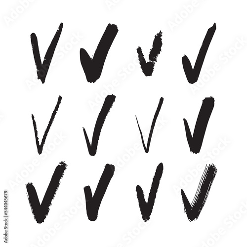Set of sketch hand drawn grunge ink textured check marks, V sign vector set isolated on white background. Different checklist marks icons