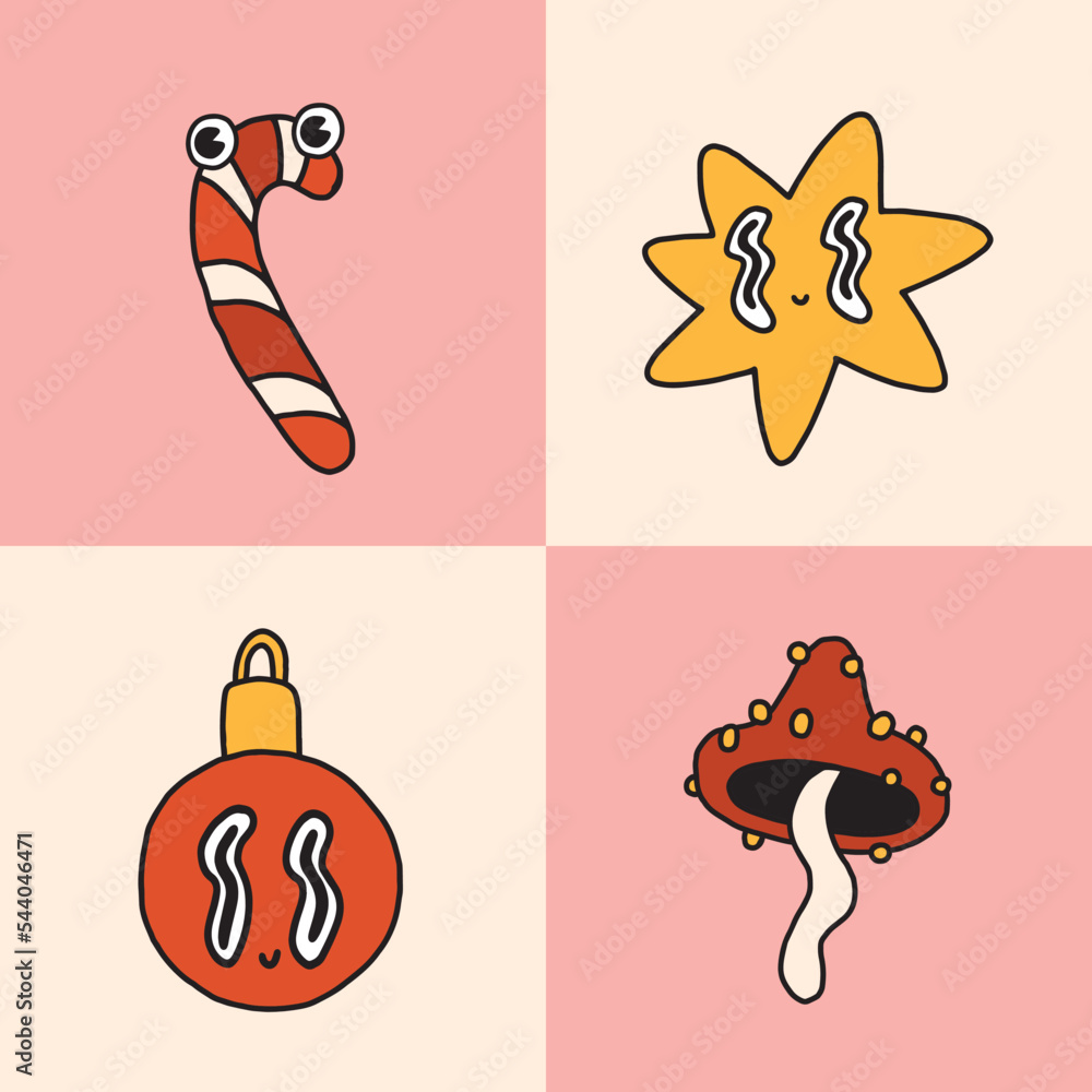 Naklejka premium Merry Christmas retro collection of 30s cartoon groovy elements. Star, mushroom, christmas ball, candy cane. 50s, 60s old animation style. Vintage comic vector, happy emotions. Isolated