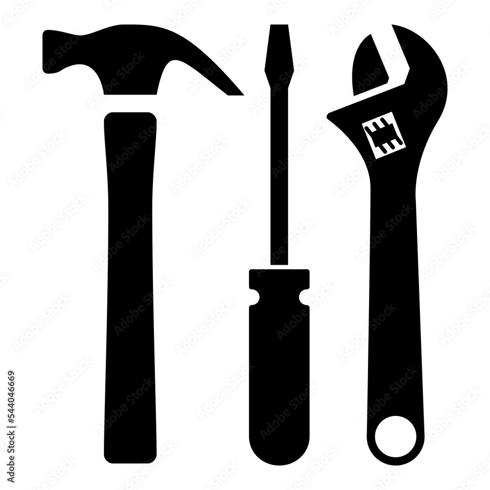 Logo servicio técnico. Silueta aislada de martillo, destornillador y herramienta llave Logo servicio técnico. Silueta aislada de martillo, destornillador y herramienta llave