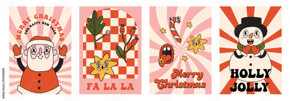 Fototapeta premium Christmas retro 30s cartoon a4 cards collection. Christmas tree, star, holiday elements, lettering. 60s old animation style. Vintage comic Merry Christmas vector. Cheerful, happy emotions. Isolated