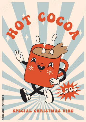 Retro banner with 30s cartoon mascot character - cup of hot drink. 40s, 50s, 60s old animation style. Vintage comic winter cafe, Christmas drink advertisement, vector. Happy, smile emotions. Isolated