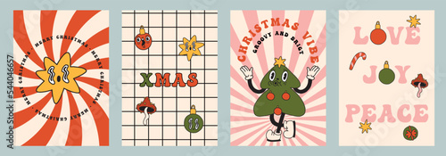 Christmas retro 40s cartoon a4 card collection. Christmas tree, star, holiday elements, lettering. 90s 60s old animation style. Vintage comic Merry Christmas vector. Cheerful, happy emotions. Isolated