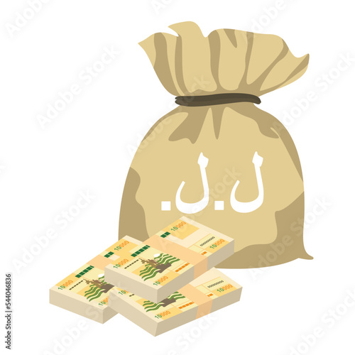 Lebanese Pound Vector Illustration. Lebanon money set bundle banknotes. Money bag 10000 LBP. Flat style. Isolated on white background. Simple minimal design. photo