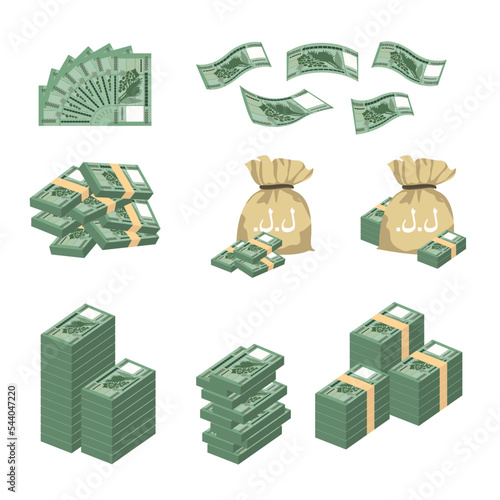 Lebanese Pound Vector Illustration. Huge pack of Lebanon money set bundle banknotes. Bundle with cash bills. Deposit, wealth, accumulation and inheritance. Falling money 100000 LBP