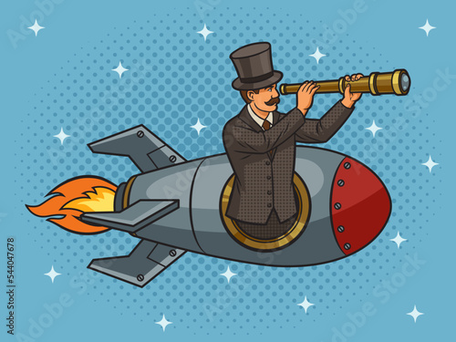Old fashioned gentleman flies in rocket and looks through telescope pinup pop art retro vector illustration. Comic book style imitation.