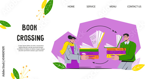 Book crossing banner or poster design with people sharing and exchanging literature. Book reuse eco-friendly initiative, flat vector illustration isolated on white background.
