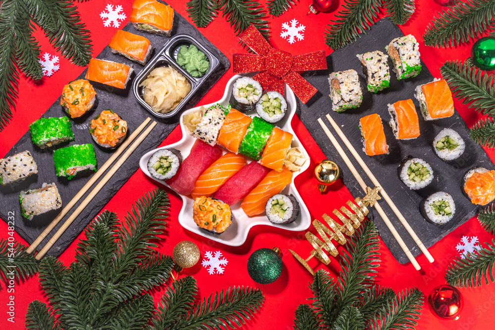 Sushi for Christmas New Year party, winter holiday food delivery menu