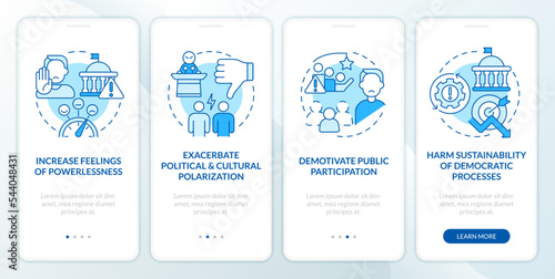 Conventional involvement issues blue onboarding mobile app screen. Walkthrough 4 steps editable graphic instructions with linear concepts. UI, UX, GUI template. Myriad Pro-Bold, Regular fonts used