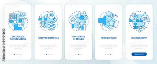 Effective social engagement blue onboarding mobile app screen. Walkthrough 5 steps editable graphic instructions with linear concepts. UI, UX, GUI template. Myriad Pro-Bold, Regular fonts used