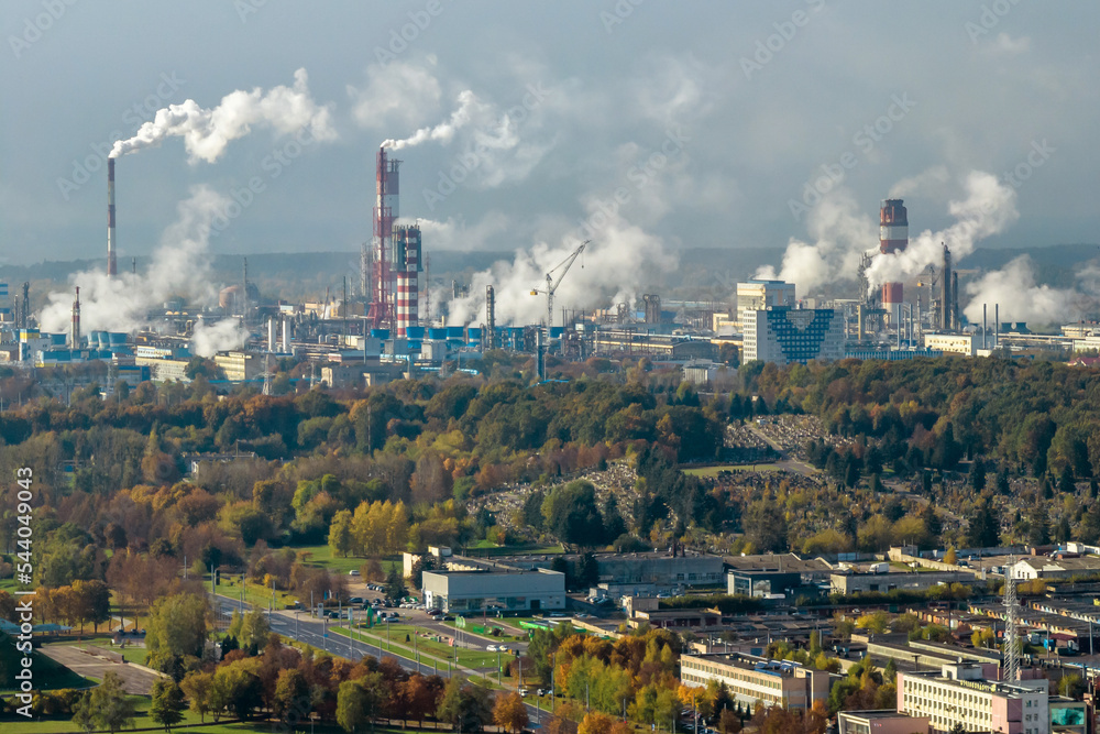 aerial panoramic view on smoke of pipes of chemical or wooden enterprise plant. Industrial landscape environmental pollution waste plant. Air pollution concept.