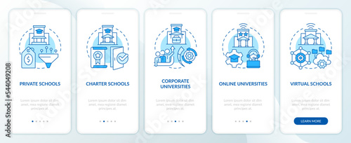Schools and service providers blue onboarding mobile app screen. Walkthrough 5 steps editable graphic instructions with linear concepts. UI, UX, GUI template. Myriad Pro-Bold, Regular fonts used