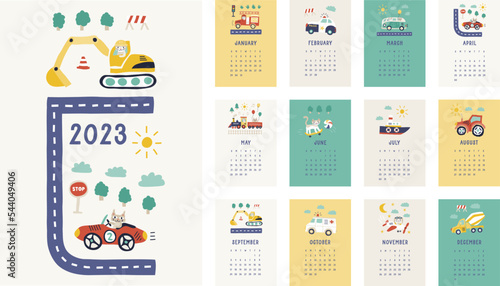Cute kids boys Calendar 2023 A4 vector format adjustable printable with excavator cars racing in yellow green blue