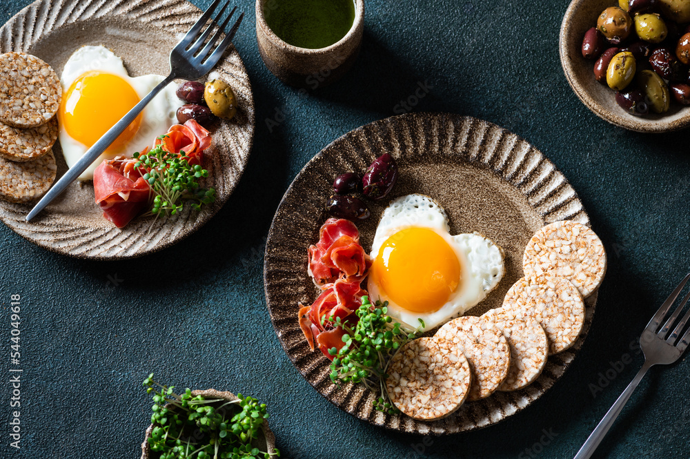 Breakfast on Valentine's Day - fried eggs in the shape of a heart and ...