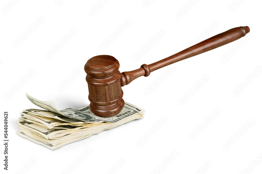 Wooden gavel with money, close-up view Wooden gavel with money, close-up view