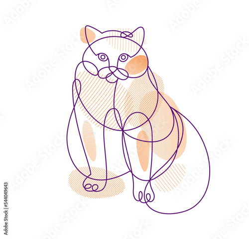 Nice cute cat linear vector illustration, line art drawing of pussycat relaxing, artistic outline minimal sketch of fat and lazy cat.