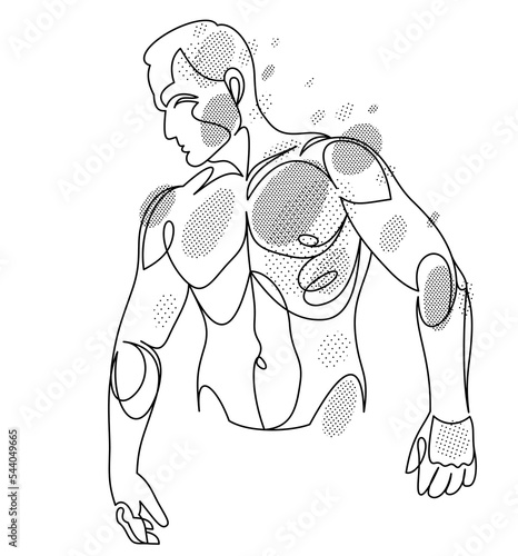 Linear drawing of a perfect body fit model man posing vector illustration isolated, muscular macho sexy guy with naked torso topless.